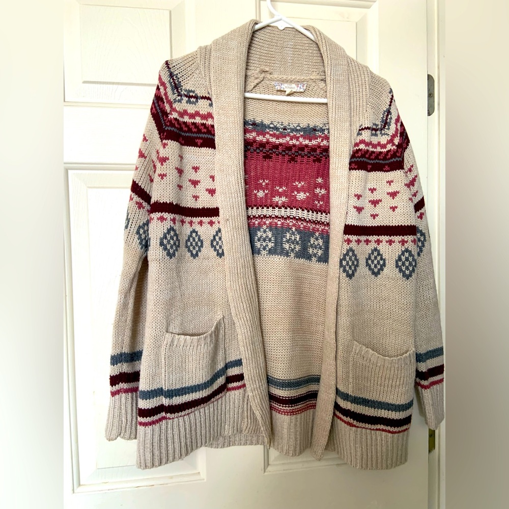 Pink Republic Nordiac style sweater cardigan sz L, creamy tan/pink/burgundy/blue